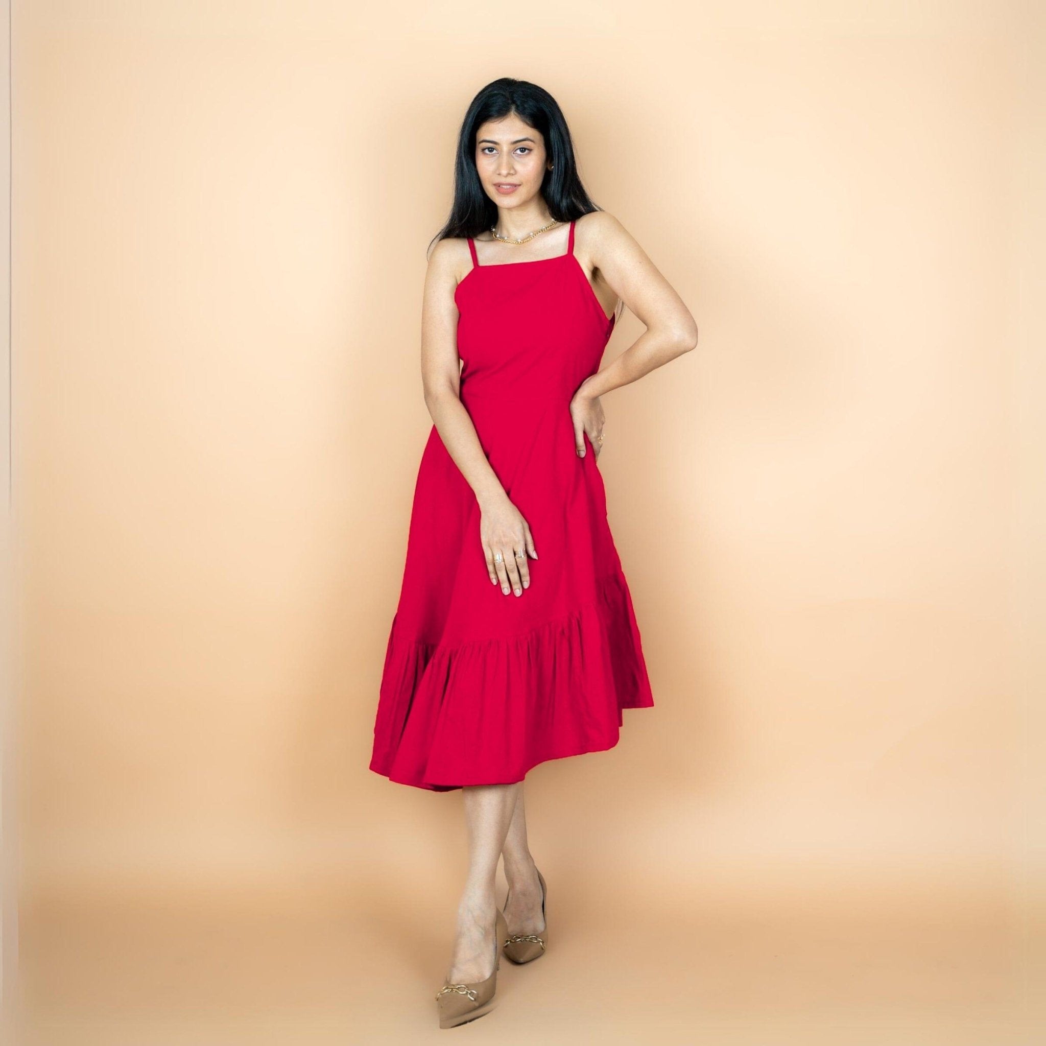Red 100% Cotton Asymmetrical Fit and Flare Midi Dress 30