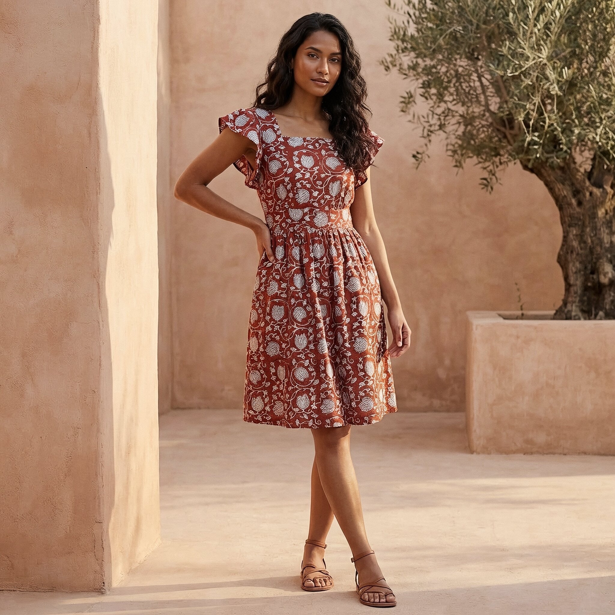 fit and flare dress knee length with sleeves Red Floral Block Print Cotton Open-Back 48