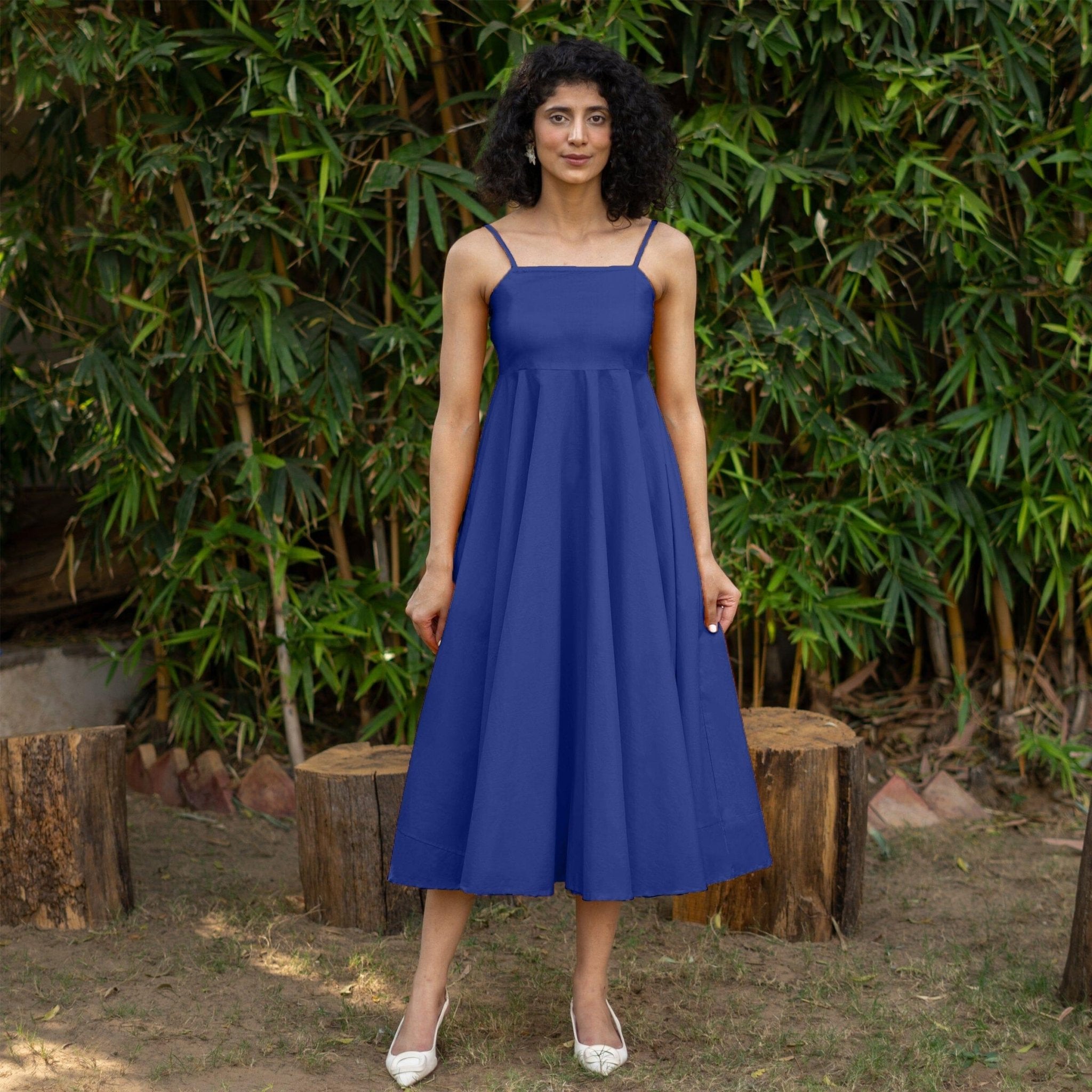 Royal Blue Cotton Poplin Fit and Flare Midi Empire Dress 64" / Custom Height (Free)