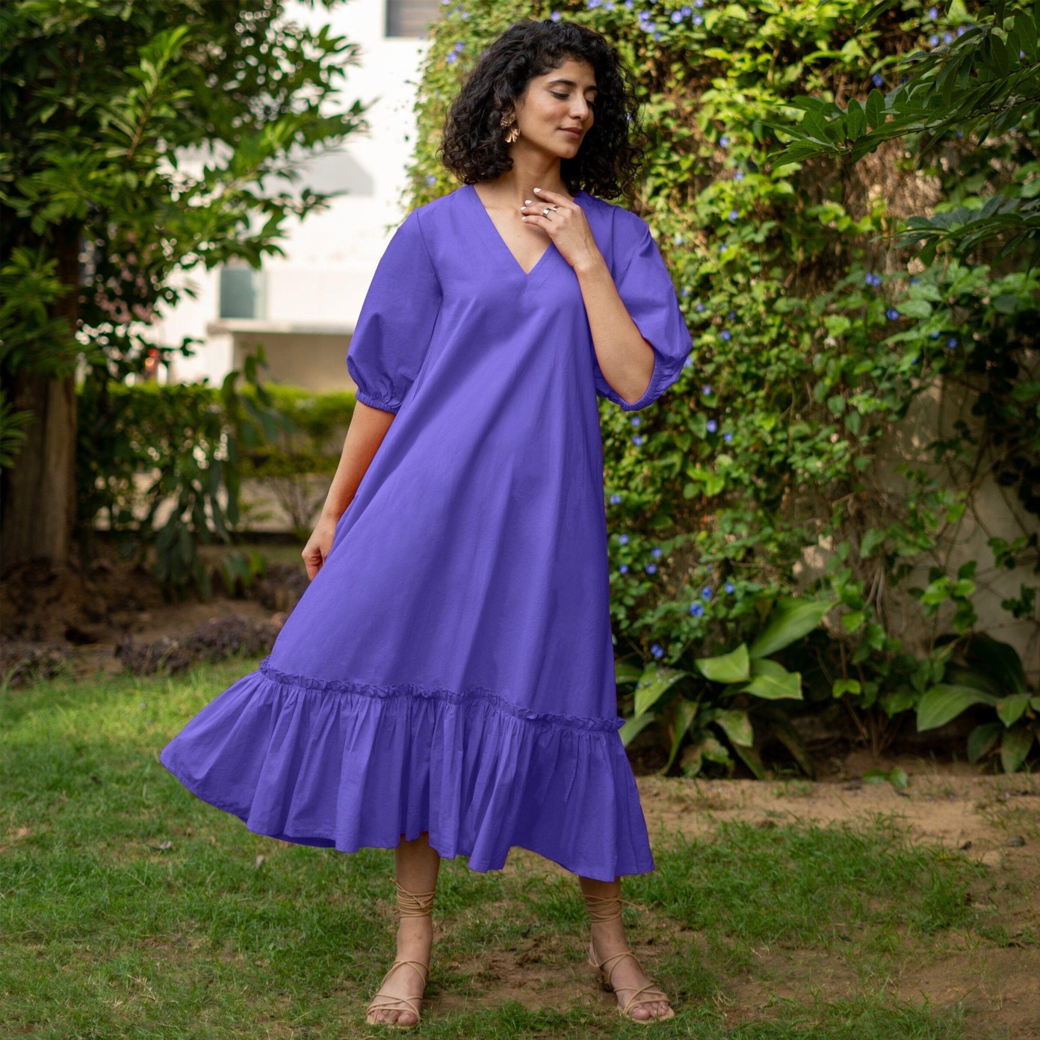 Royal Purple Cotton Poplin A-Line Deep Neck Maxi Tier Dress 58" / Petite (5'1" and below) Royal Purple Cotton Poplin A-Line Deep Neck Maxi Tier Dress 58" / Petite (5'1" and below)