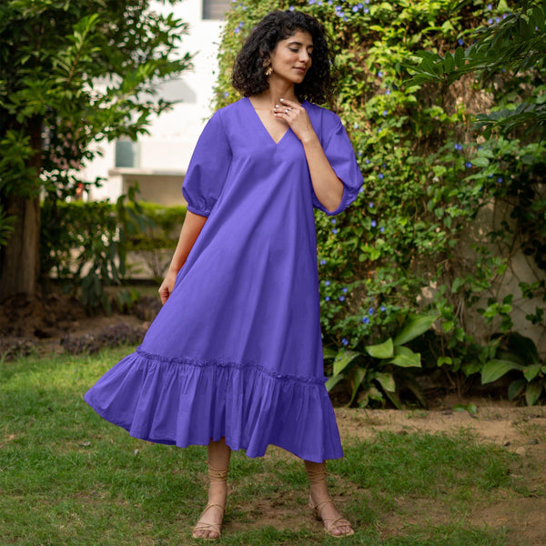 Royal Purple Cotton Poplin A-Line Deep Neck Maxi Tier Dress