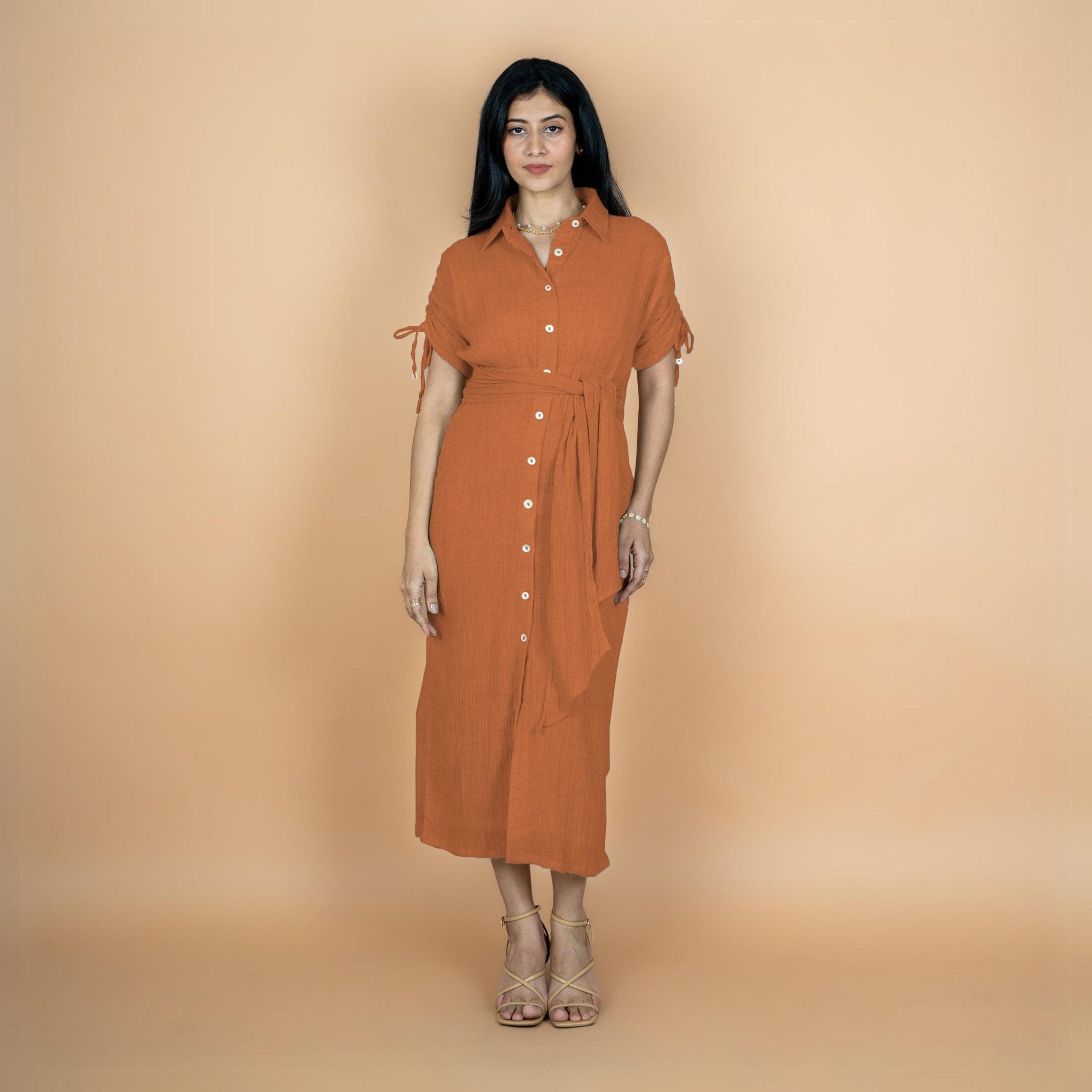 Rust Crinkled Cotton Flax Boho Maxi Button-Down Shirt Dress 28