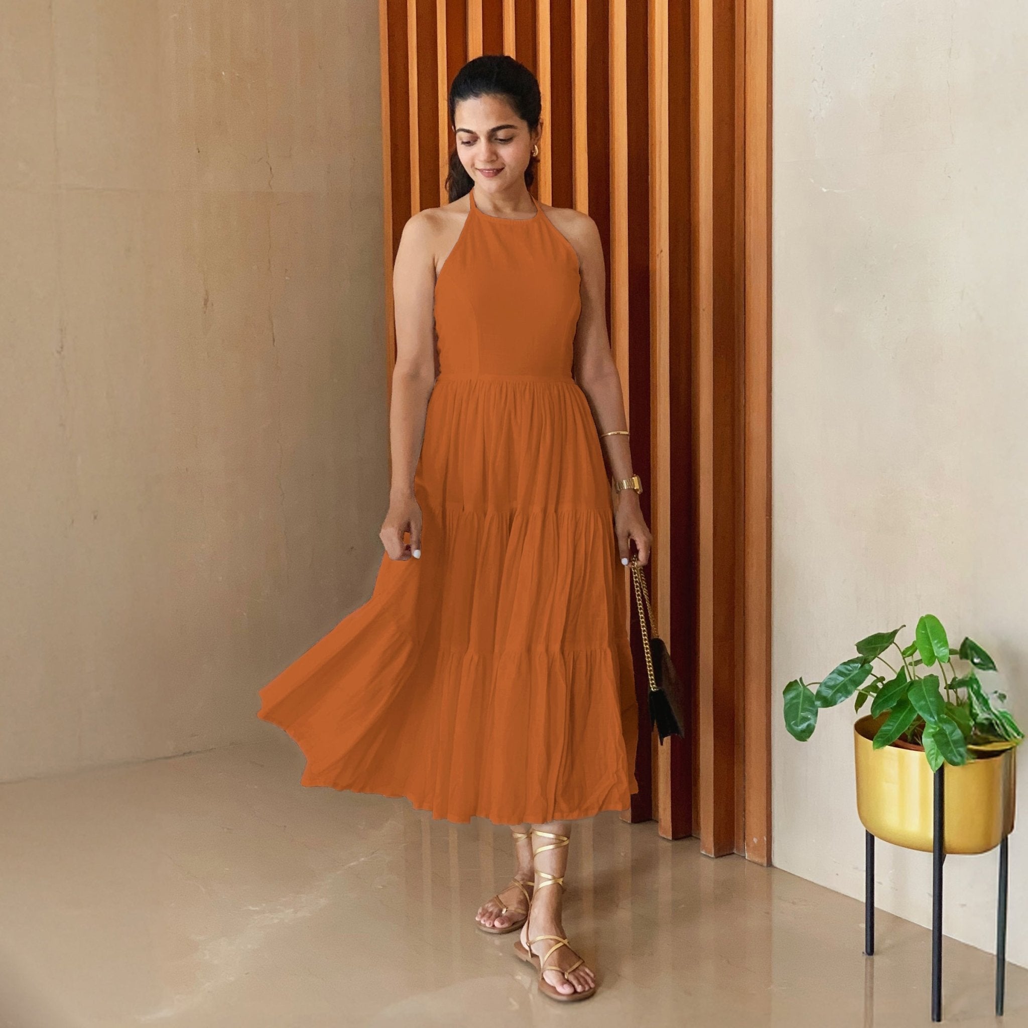 Rust Sandstone 100% Cotton Halter Neck Tier Midi Dress 36" / Petite (5'1" and below)