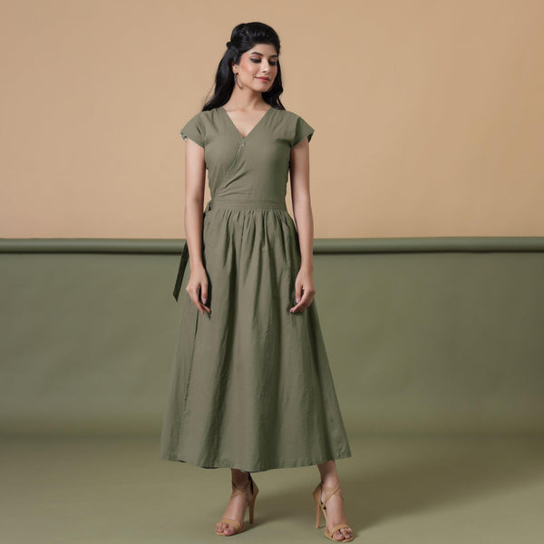Sage Green Cotton V-Neck Maxi Wrap Dress