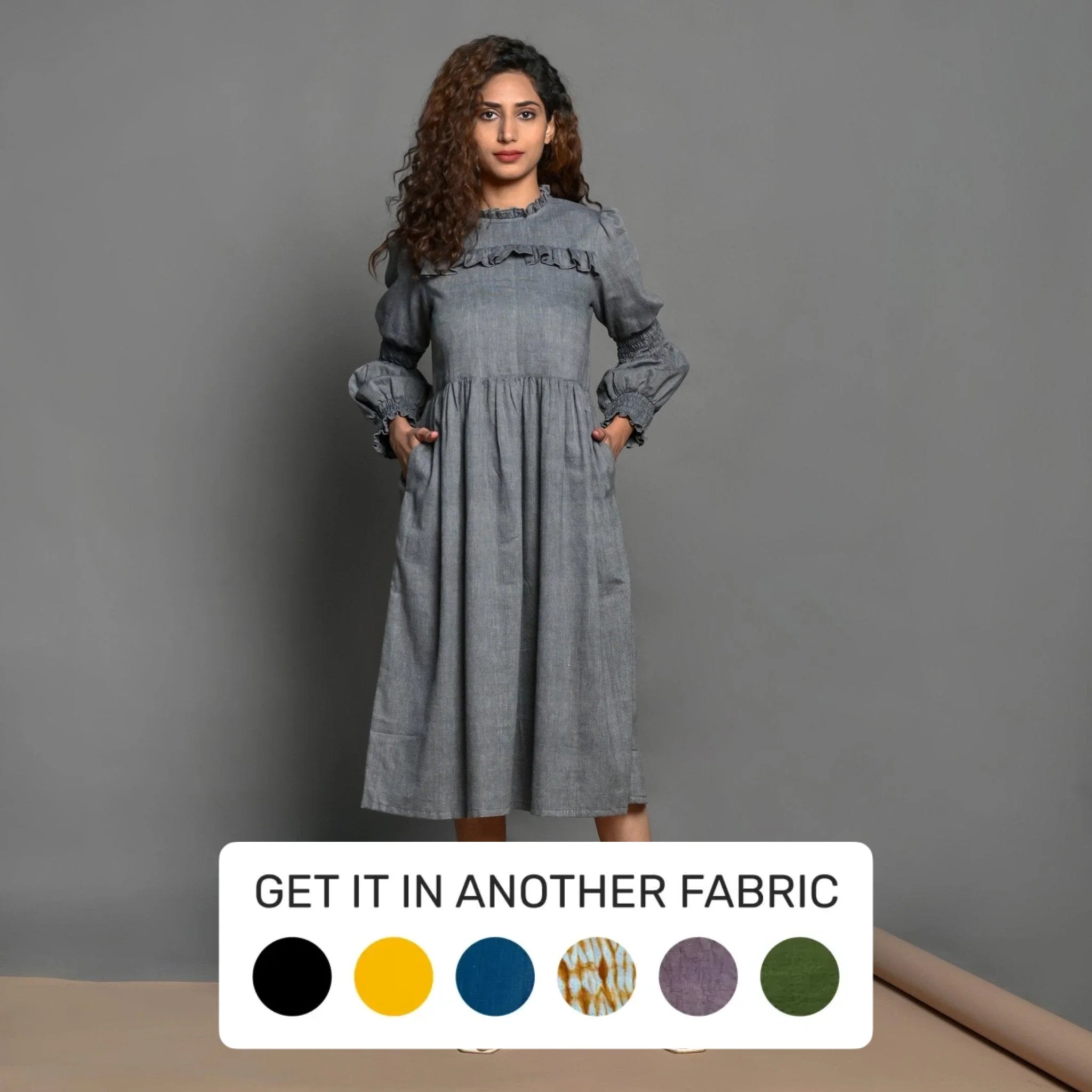 Slate Grey Handspun Cotton Knee Length Frilled Peasant Dress Slate Grey Handspun Cotton Knee Length Frilled Peasant Dress