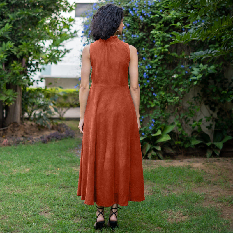 Sunset Rust Warm Cotton Corduroy High-Neck Sleeveless Slit Dress