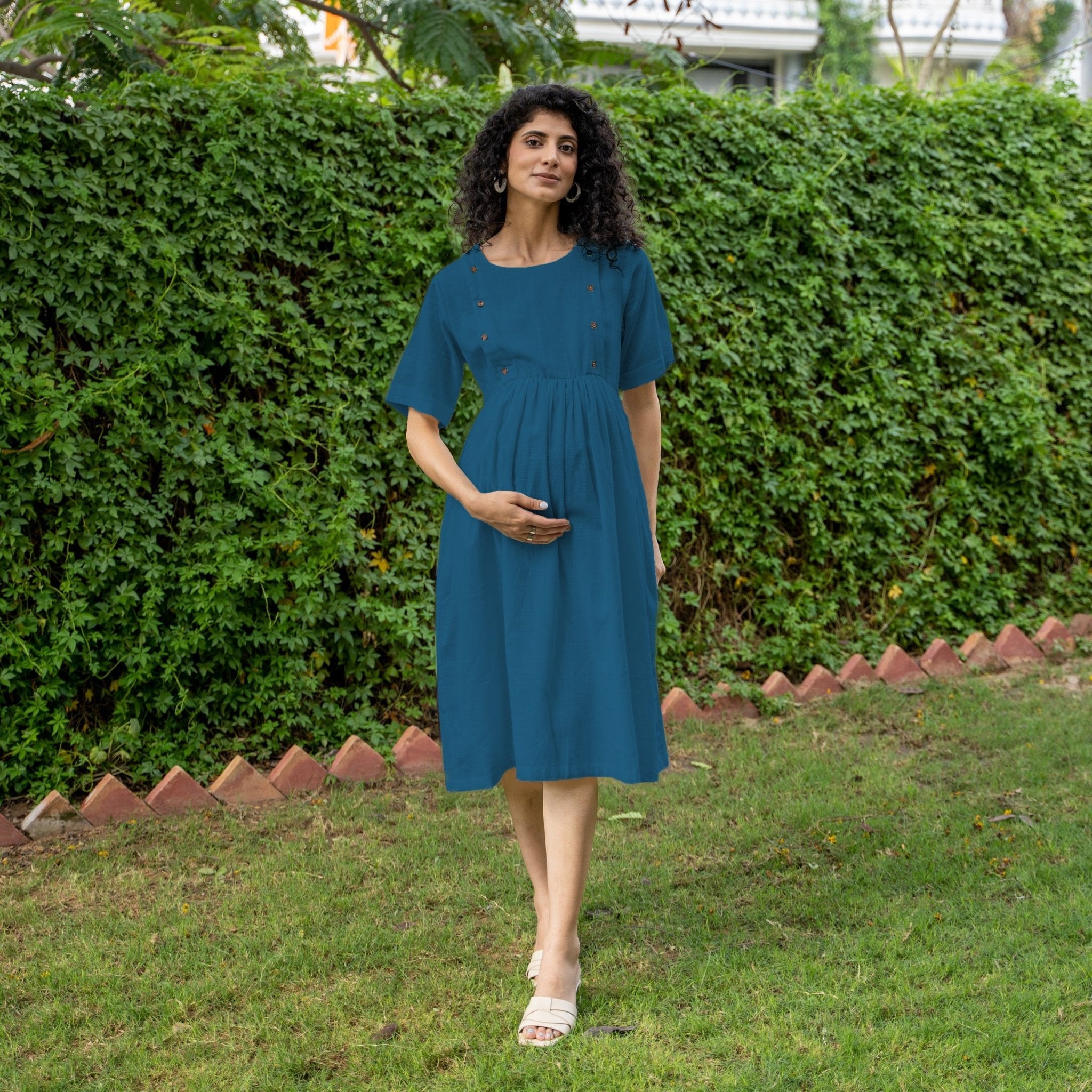 Buy Teal Blue 100% Cotton Button-Down Knee Length Pre and Post Maternity  Dress Online at SeamsFriendly