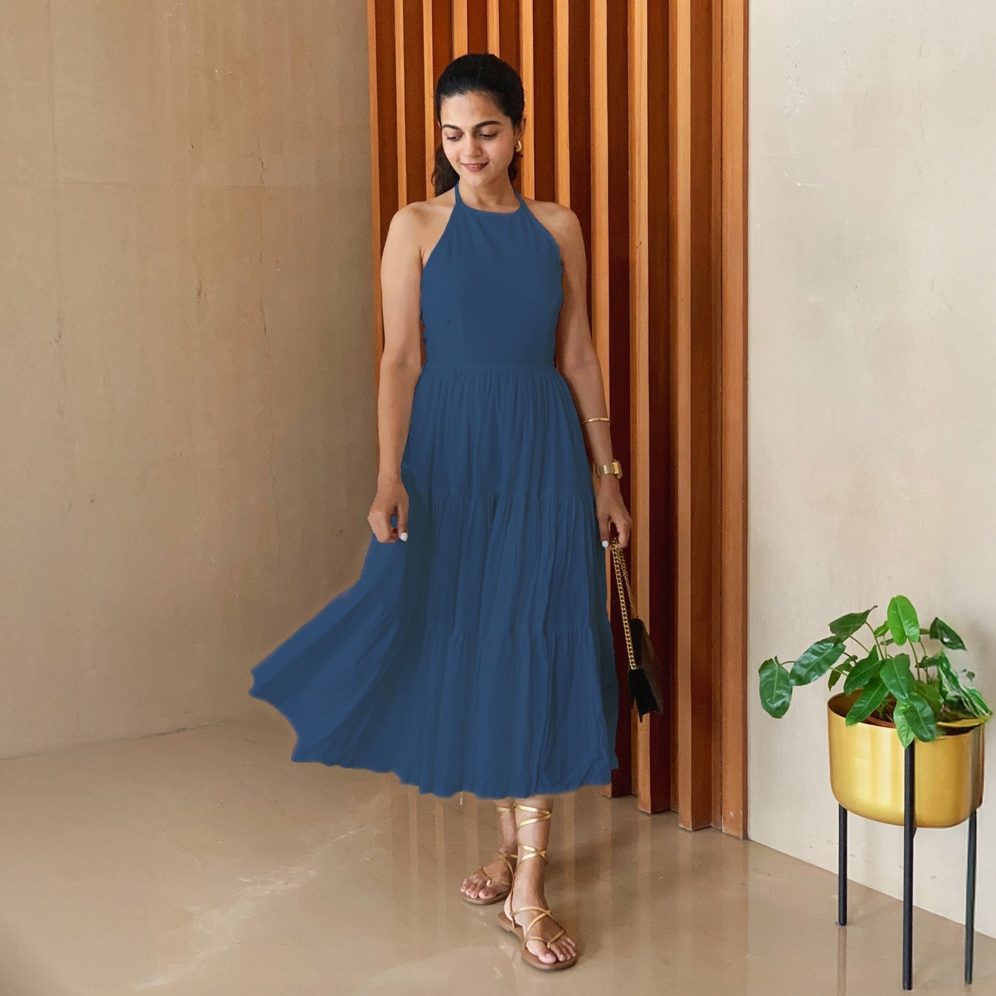 Teal Blue 100% Cotton Halter Neck Tier Midi Dress Custom Size (Free) / Petite (5'1" and below) Teal Blue 100% Cotton Halter Neck Tier Midi Dress Custom Size (Free) / Petite (5'1" and below)