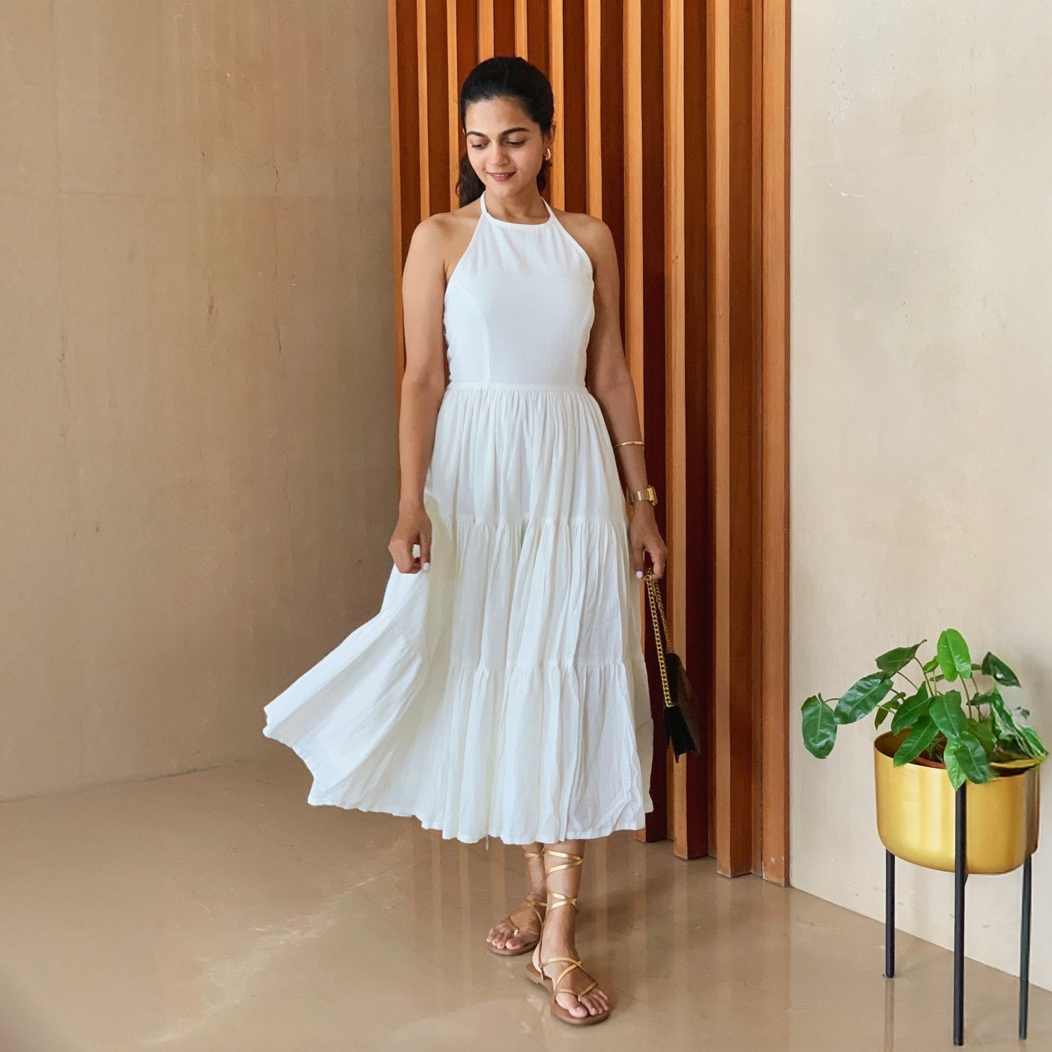 White 100% Cotton Halter Neck Tier Midi Dress 52" / Tall (5'7" and above) White 100% Cotton Halter Neck Tier Midi Dress 52" / Tall (5'7" and above)