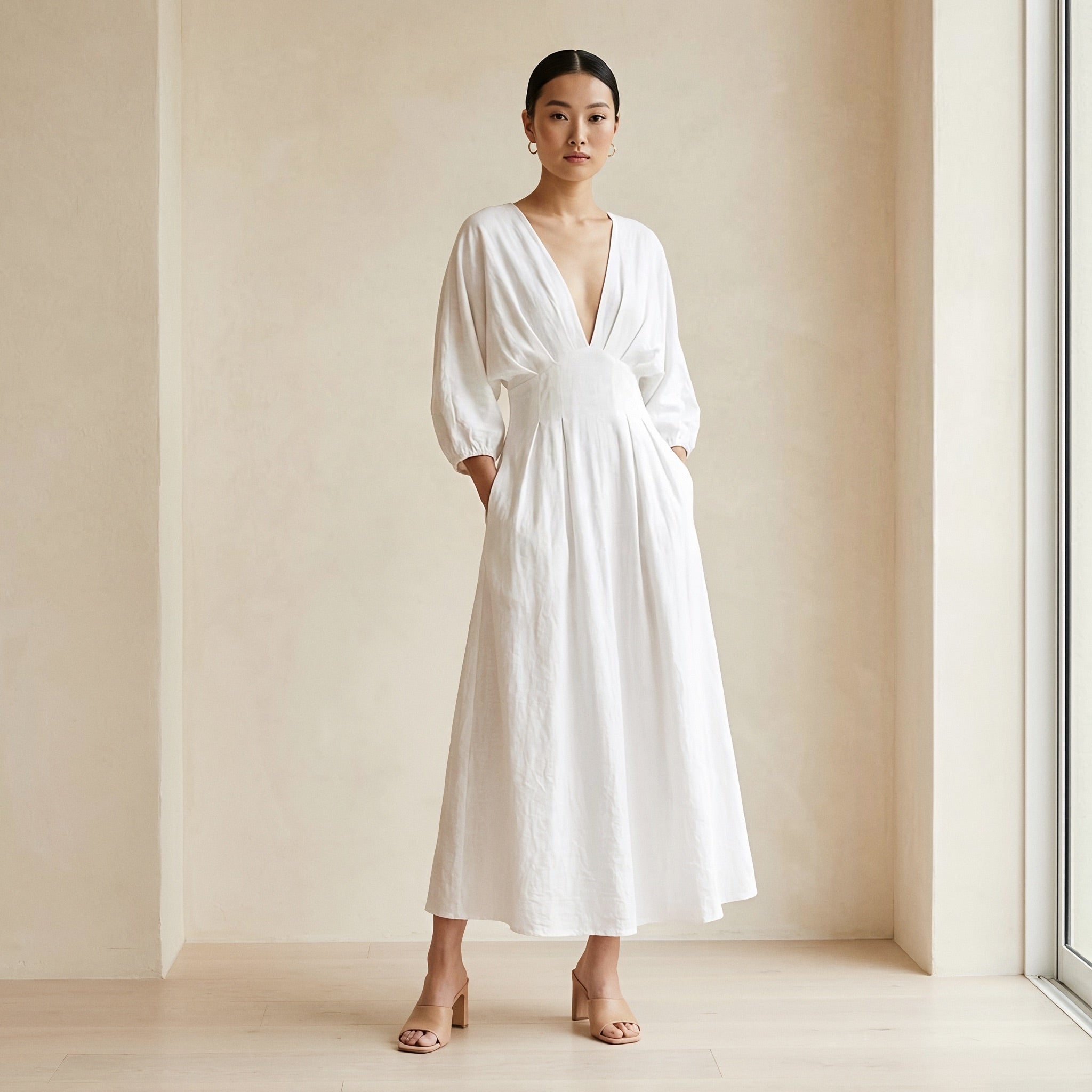 White Cotton Deep-V Neck Empire Waist Maxi Dress 46