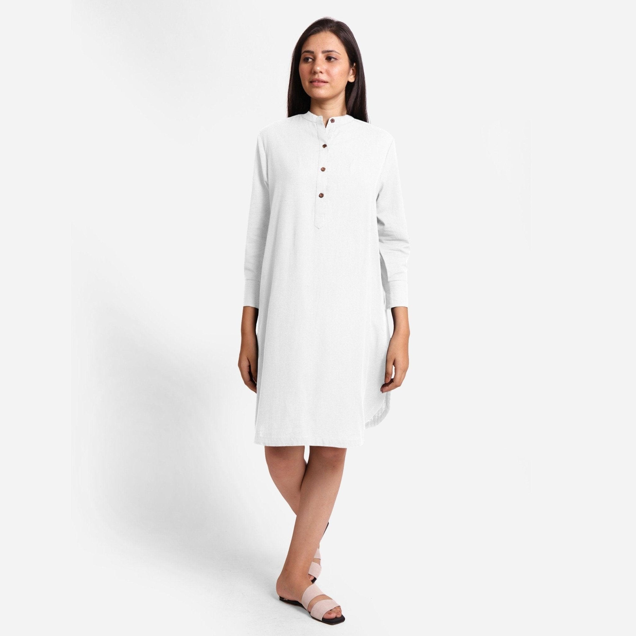 White Cotton Flax Knee Length Shirt Dress 40