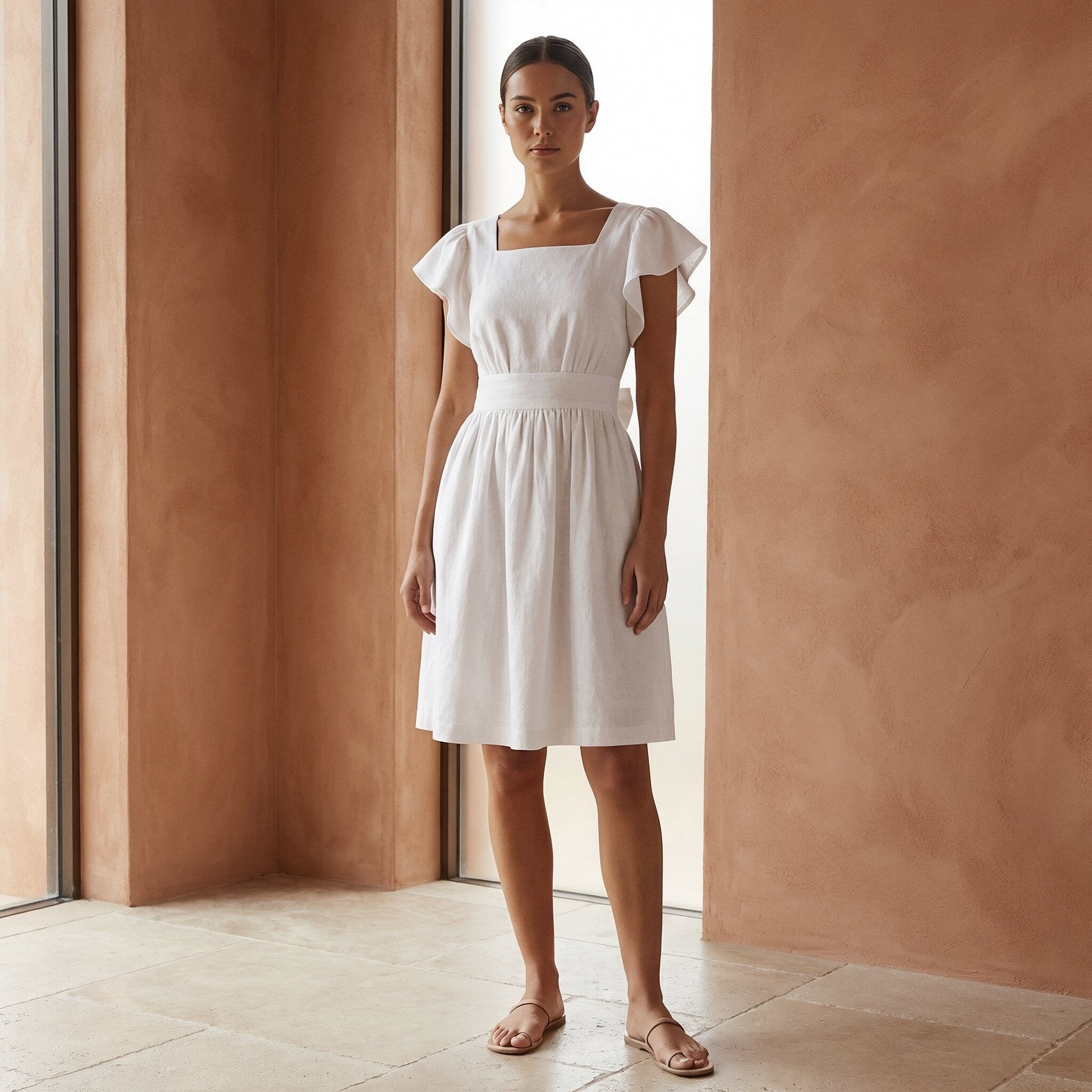 white fit and flare dress knee length White Cotton Open-Back Fit and Flare Knee Length Dress 50