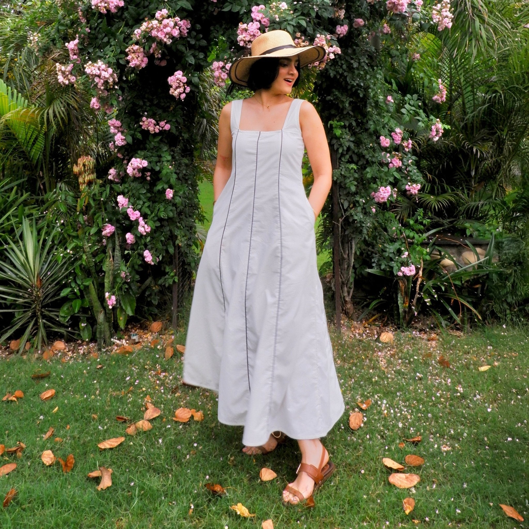 White Cotton Poplin Ankle Length Paneled Dress 66