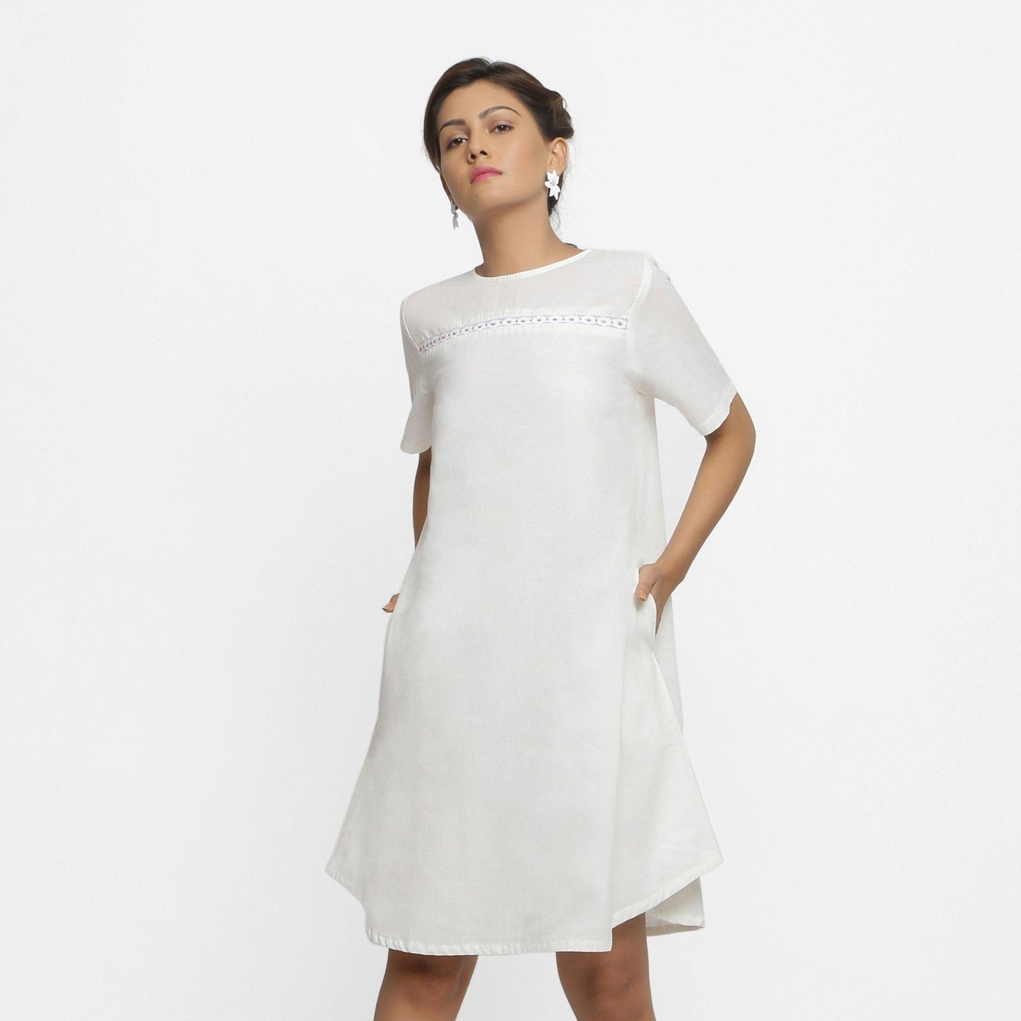 white a line knee length dress Hand Beaded Organic Cotton A-Line 48