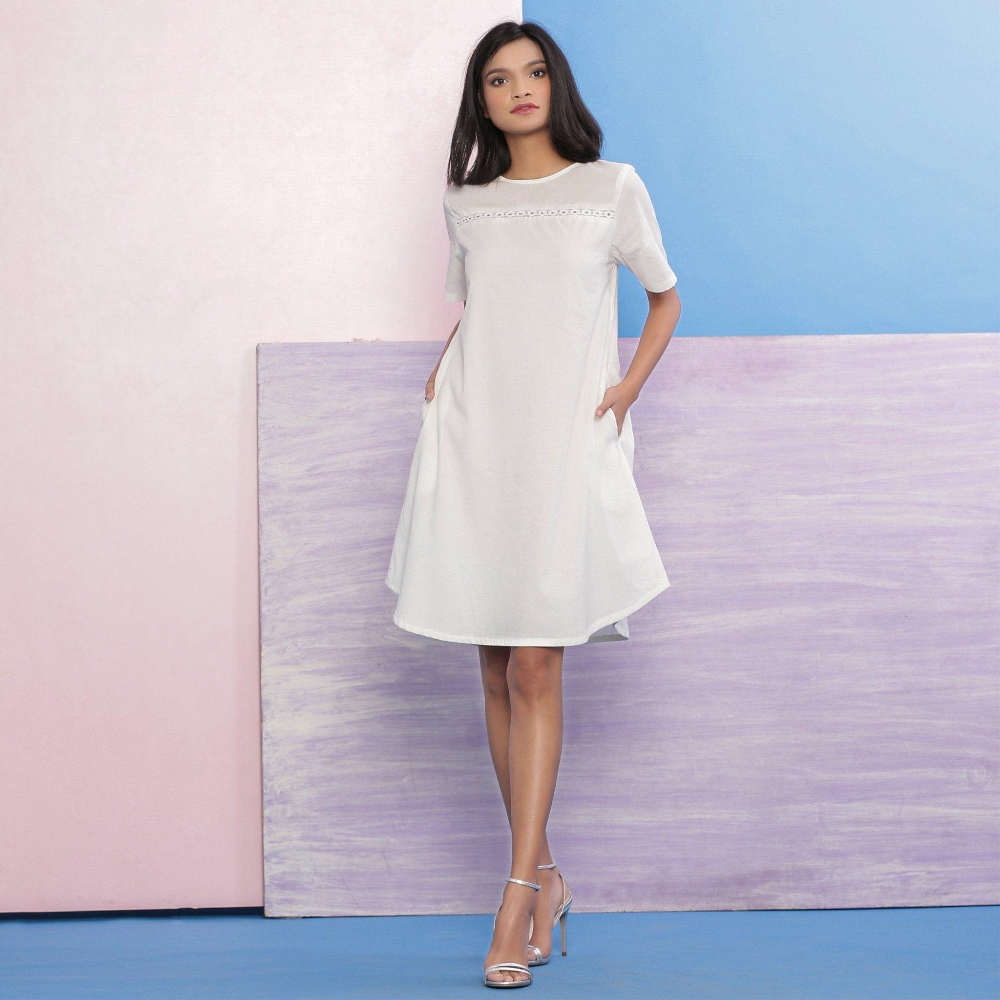 knee length confirmation dresses White Organic Cotton Hand Beaded A-Line Dress 70