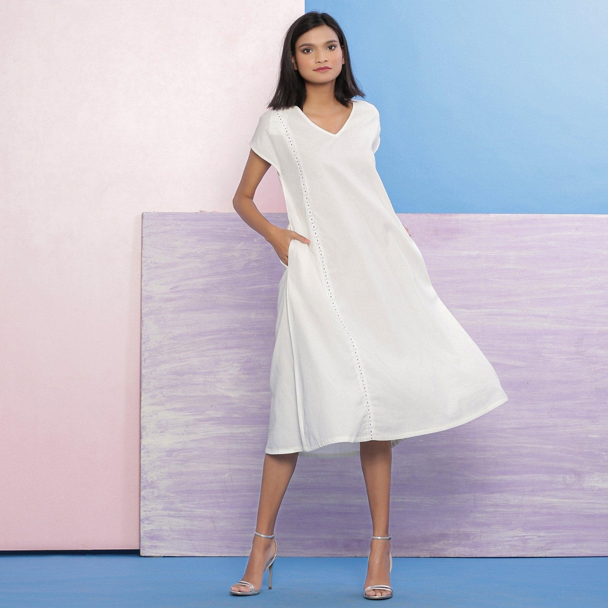 White Organic Cotton Lace Midi Flared Dress 48