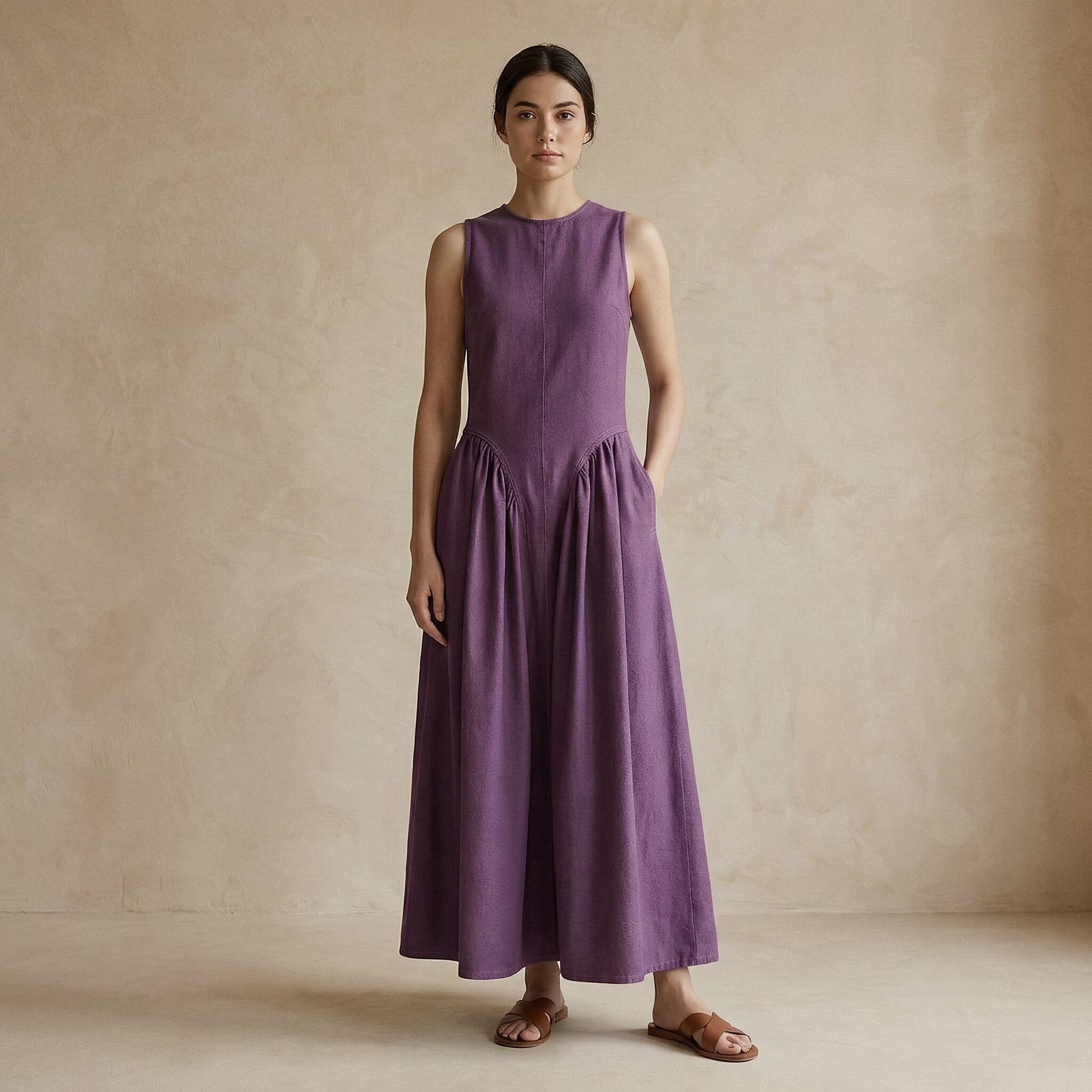 Wine Cotton Flannel Sleeveless Paneled Maxi Dress Custom Size (Free) / Tall (5'7