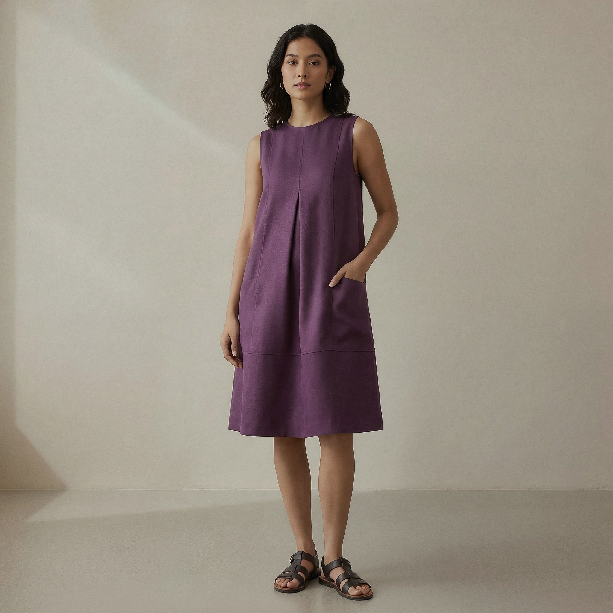 Wine Cotton Flannel Sleeveless Paneled Swing Dress 56" / Tall (5'7" and above) Wine Cotton Flannel Sleeveless Paneled Swing Dress 56" / Tall (5'7" and above)