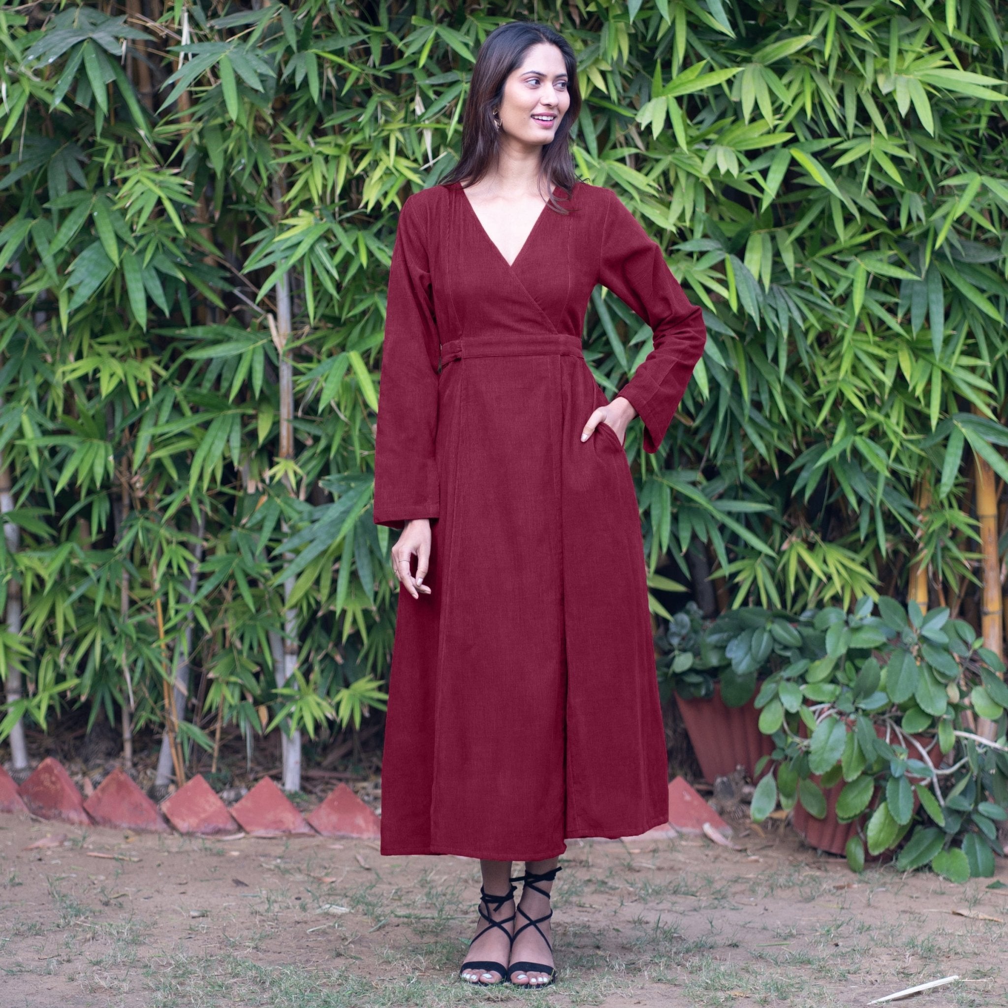 Wine Warm Cotton Corduroy Deep Neck Midi Wrap Dress 64