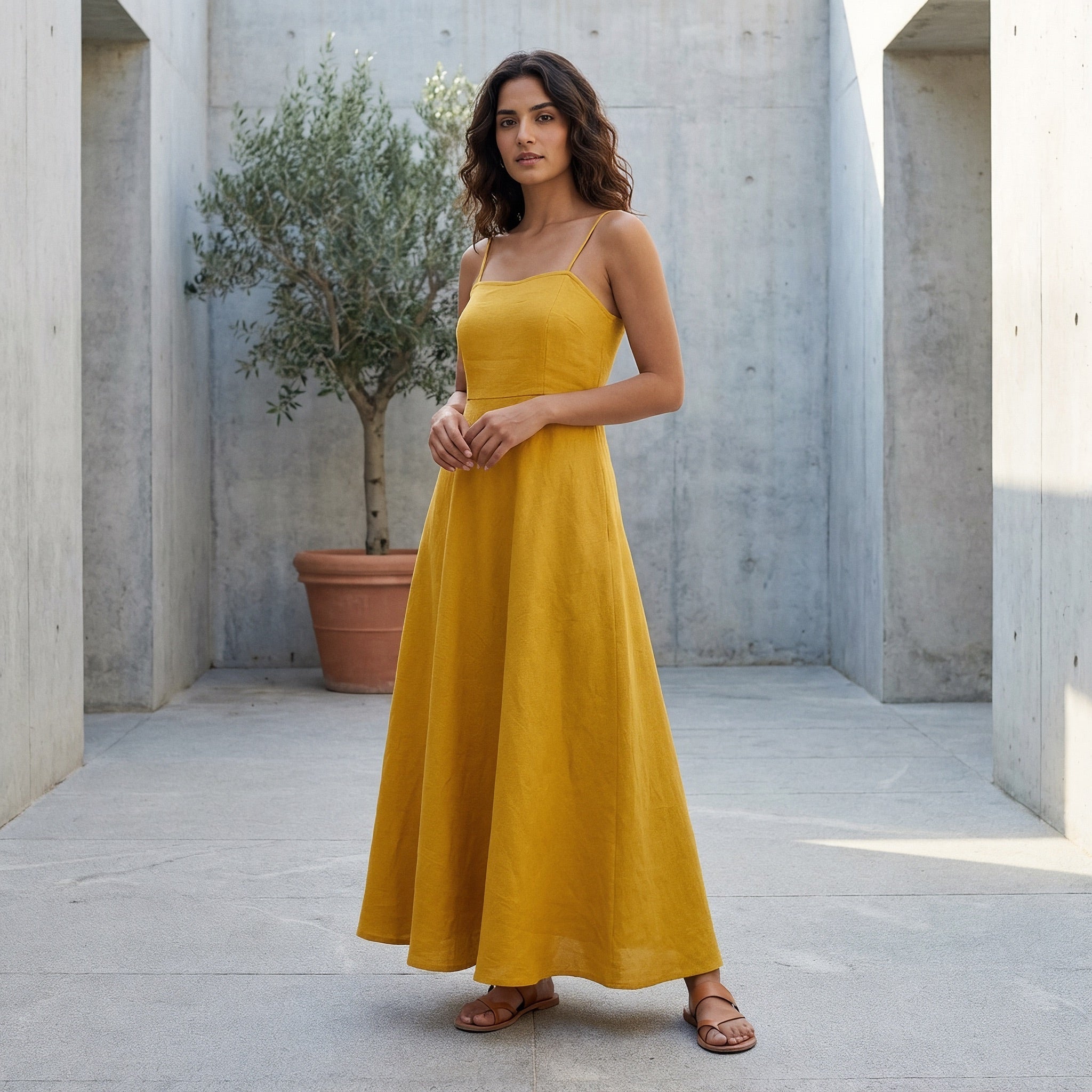yellow ankle length dress Yellow Cotton Flax Ankle Length Flared Sundress 60