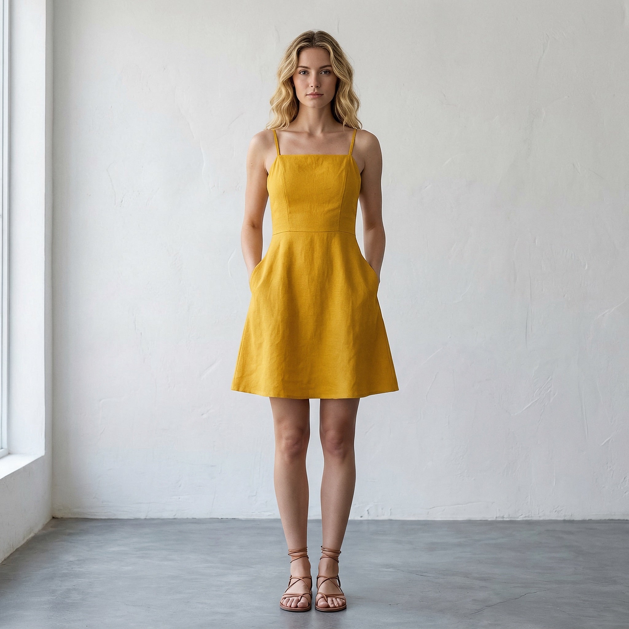 Yellow Cotton Flax Fit and Flare Short Dress 66