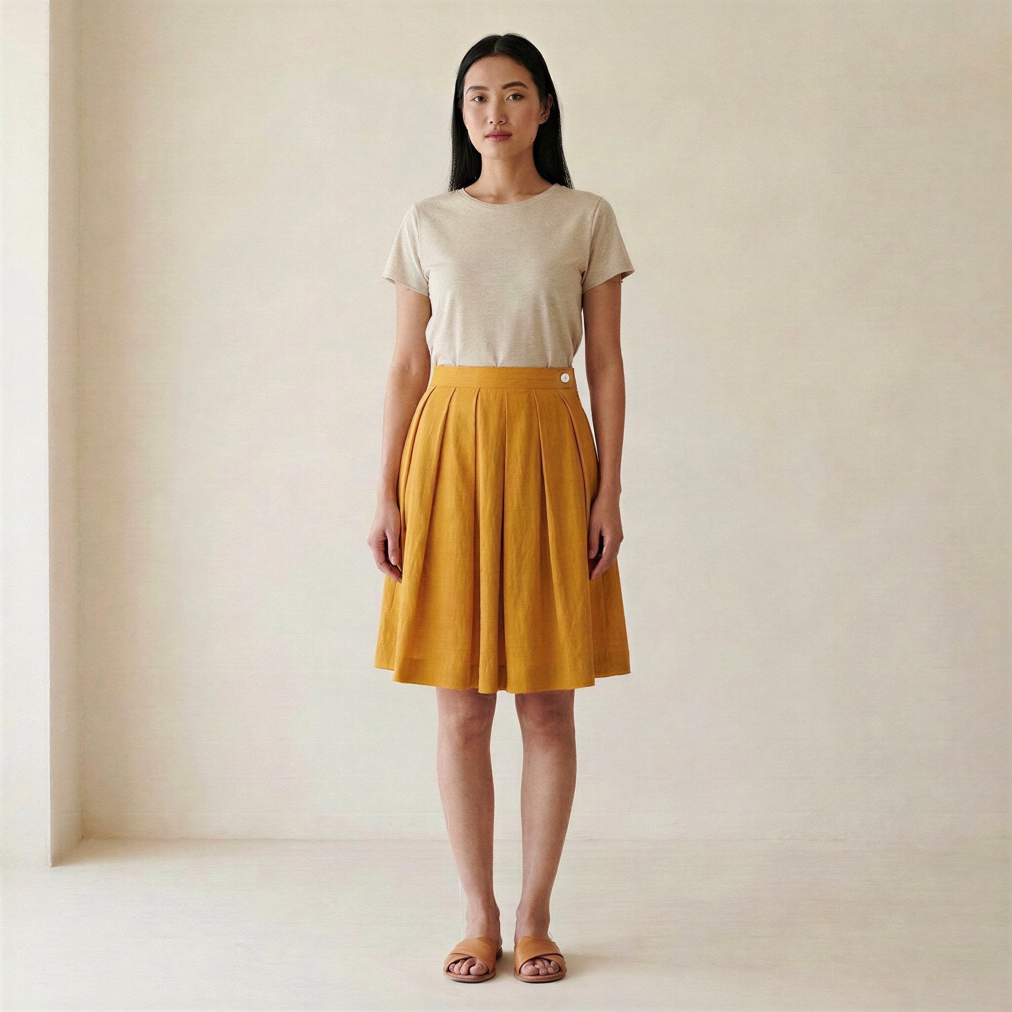 Buy Yellow Cotton Flax Knee-Length Pleated Skirt Online at
