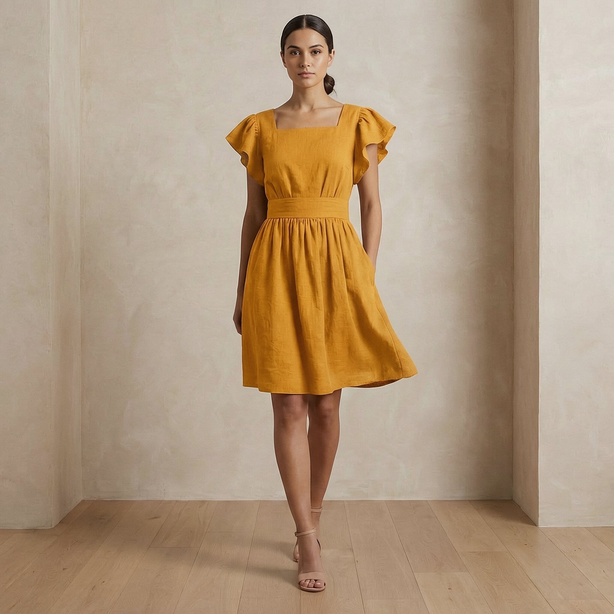 Buy Yellow Cotton Flax Open-Back Fit and Flare Knee Length Dress Online at SeamsFriendly Buy Yellow Cotton Flax Open-Back Fit and Flare Knee Length Dress Online at SeamsFriendly