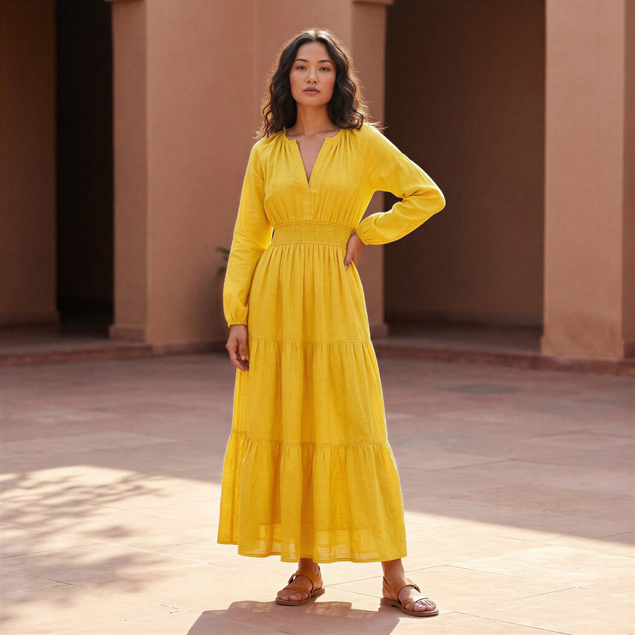 Yellow Cotton Poplin Fit and Flare Maxi Tier Dress 38