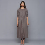 Front View of a Model wearing Ash Grey Flannel Gathered Dress