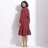 Back View of a Model wearing Barn Red Cotton Waffle Button-Down Dress