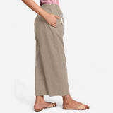 Right View of a Model wearing Beige Cotton Flax Wide Legged Pant