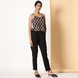 Right View of a Model wearing Black Bagru Block Printed Cotton Cami Top