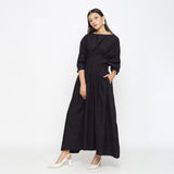 Black Cotton Flax Ankle Length Pleated Flared Dress