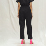 Black Cotton Flax High-Rise Elasticated Paperbag Pant