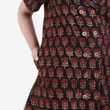 Front Detail of a Model wearing Black Block Print Cotton Knee Length Shirt Dress