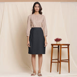 Front View of a Model wearing Black Warm Cotton Flannel Knee-Length Pencil Skirt