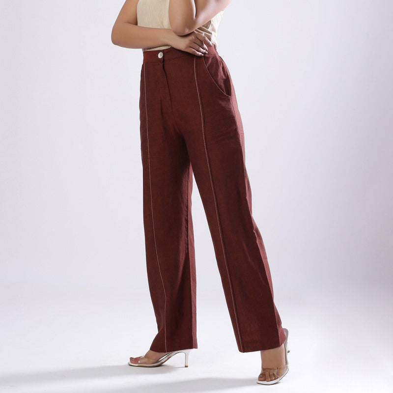 Left View of a Model wearing Breezy Brown Straight Fit Cotton Pant