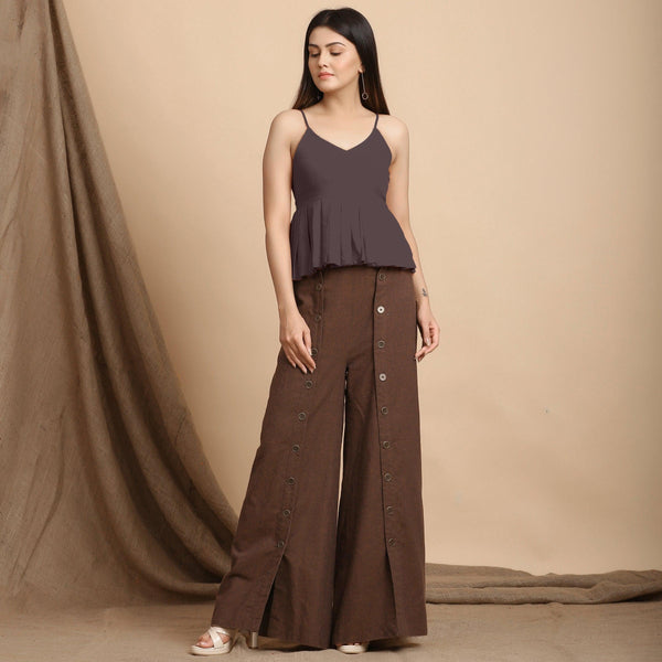 Front View of a Model wearing Brown Cotton Flax Slim Fit Pleated Camisole Top