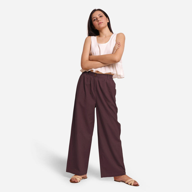 Front View of a Model wearing Brown Cotton Flax Wide Legged Straight Pant