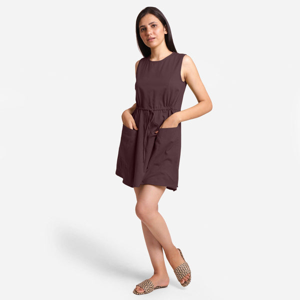 Front View of a Model wearing Brown Patch Pocket Round Neck Dress