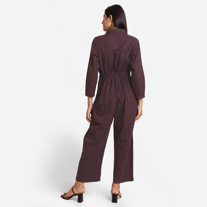 Back View of a Model wearing Brown Wide Legged Cotton Overall