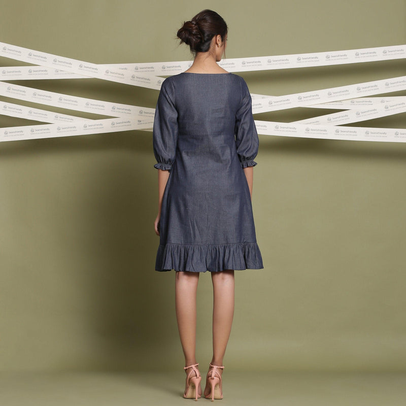 Back View of a Model wearing Cotton Denim A-Line Blouson Dress