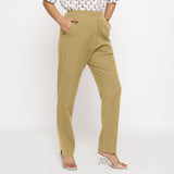 Right View of a Model wearing Cotton Flax Mid-Rise Light Khaki Tapered Pant