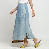 Left View of a Model wearing Dabu Printed Breezy Blue A-Line Skirt