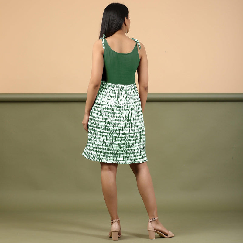 Back View of a Model wearing Dark Green Shibori Gathered Short Dress