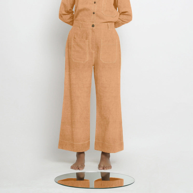 Front View of a Model wearing Desert Yellow Linen Patch Pocket Wide Legged Pant