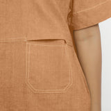 Close View of a Model wearing Desert Yellow Linen Knee Length Yoked Dress