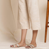 Close View of a Model wearing Dusk Beige Cotton Striped Elasticated Pant