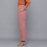 Left View of a Model Wearing English Rose Flannel Rolled-Up Straight Pant