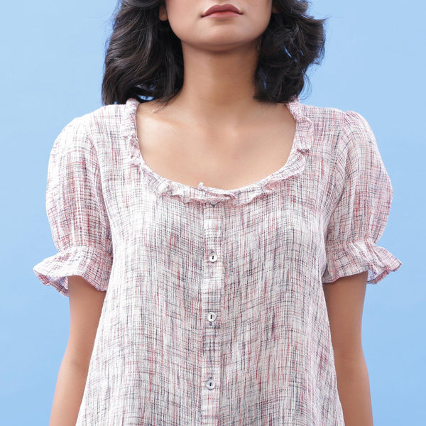 Front Detail of a Model wearing Frilled Crinkled Cotton Button-Down Blouse